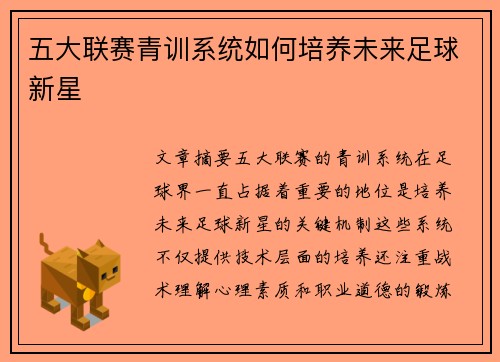 五大联赛青训系统如何培养未来足球新星 五大联赛青训系统如何培养未来足球新星